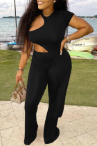 Black Casual Solid Color Hollow Out Patchwork O Neck Short Sleeve Two Pieces