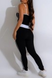 Black Casual Sportswear Patchwork Backless Contrast Spaghetti Strap Sleeveless Two Pieces