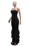 Black Sexy Casual Solid Color Backless Patchwork Strapless Skinny Jumpsuits