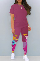 Fuchsia Casual Gradient Color Patchwork O Neck Short Sleeve Two Pieces