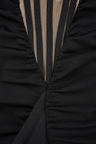 Black Sexy Formal Prom Patchwork Backless Slit Off Shoulder Evening Dresses