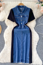 Blue Casual Pocket Buckle Slit Patchwork Contrast Turndown Collar Straight Dresses