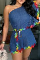 Royal Blue Casual Patchwork Backless Oblique Collar Short Sleeve Regular Denim Jumpsuits