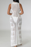 White Street Solid Color Ripped See-Through Patchwork O Neck Long Dresses