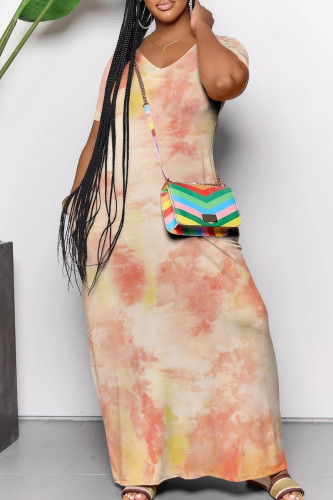 Yellow Casual Gradient Color Pocket Patchwork V Neck Straight Dresses