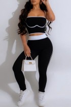 Black Casual Sportswear Patchwork Backless Contrast Spaghetti Strap Sleeveless Two Pieces