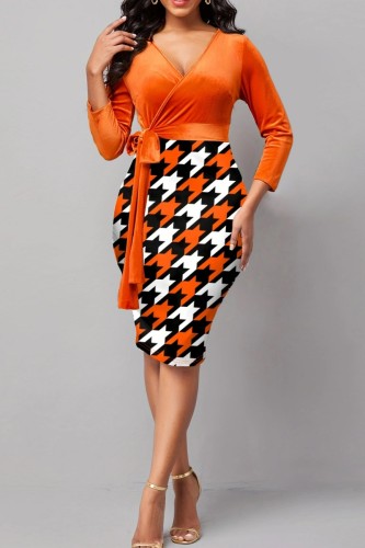 Orange Red Casual Print Lace Up Patchwork V Neck Long Sleeve Plus Size Dresses