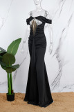 Black Sexy Formal Prom Patchwork Backless Slit Off Shoulder Evening Dresses