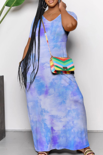 Blue Casual Gradient Color Pocket Patchwork V Neck Straight Dresses