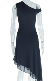 White Celebrities Solid Color Patchwork Irregular Hem Oblique Collar Irregular Dresses