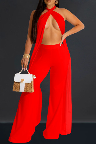 Red Sexy Solid Color Hollow Out Backless Patchwork Halter Sleeveless Two Pieces