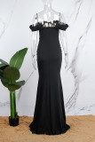 Black Sexy Formal Prom Patchwork Backless Slit Off Shoulder Evening Dresses
