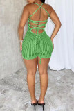 Green Sexy Solid Color Backless Cross Straps Patchwork Halter Skinny Rompers