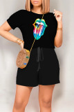 Black Casual Daily Tongue print Draw String Pocket O Neck Loose Rompers