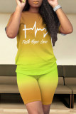 Green Yellow Casual Daily Gradient Print Letter Print Contrast O Neck Short Sleeve Two Pieces