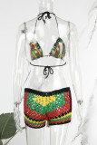 Pink Sexy Patchwork Bandage Backless Contrast Swimwears