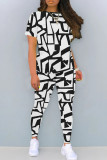 Black And White Casual Geometric Print Patchwork O Neck Short Sleeve Two Pieces