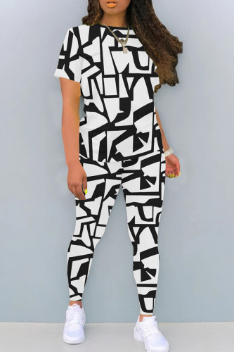 Black Casual Geometric Print Patchwork O Neck Short Sleeve Two Pieces