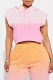 Pink Street Gradient Print Draw String Pocket Patchwork Hooded Two Pieces