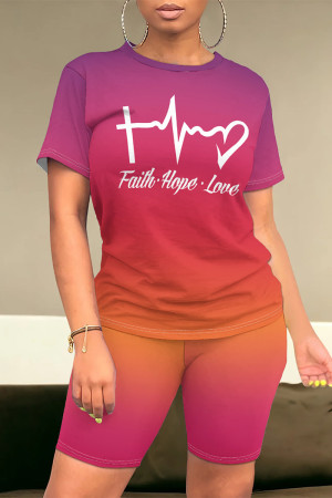Purple Orange Casual Daily Gradient Print Letter Print Contrast O Neck Short Sleeve Two Pieces