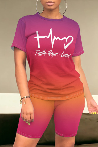 Purple Orange Casual Daily Gradient Print Letter Print Contrast O Neck Short Sleeve Two Pieces