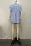 Blue Casual Striped Print Patchwork Turndown Collar Sleeveless Two Pieces
