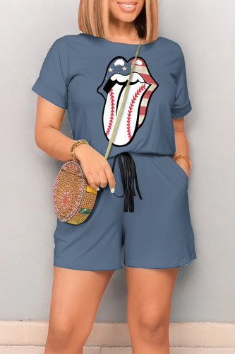 Blue Casual Daily Tongue print Draw String Pocket O Neck Loose Rompers
