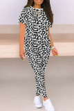 Black And White Casual Geometric Print Patchwork O Neck Short Sleeve Two Pieces