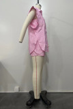 Blue Casual Striped Print Patchwork Turndown Collar Sleeveless Two Pieces