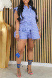 Blue Casual Striped Print Patchwork Turndown Collar Sleeveless Two Pieces