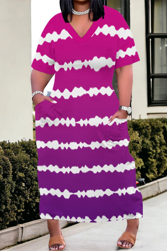 Purple Casual Street Striped Print Pocket Contrast V Neck Printed Plus Size Dresses
