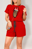 Black Casual Daily Tongue print Draw String Pocket O Neck Loose Rompers