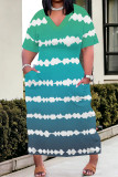Blue Casual Street Striped Print Pocket Contrast V Neck Printed Plus Size Dresses