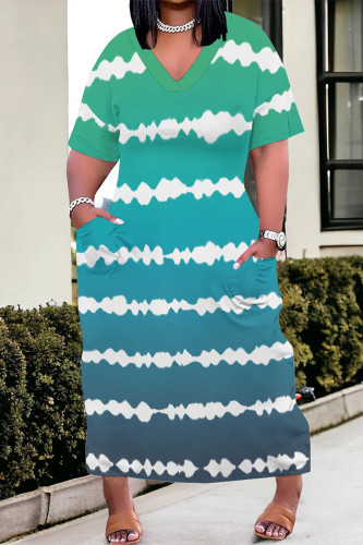 Green Casual Street Striped Print Pocket Contrast V Neck Printed Plus Size Dresses