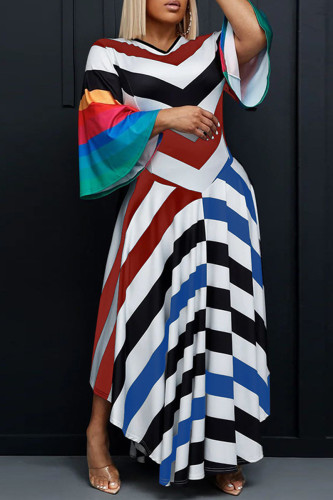 Red Blue Casual Print Patchwork V Neck One Step Skirt Dresses