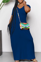 Blue Casual Solid Color Pocket Patchwork V Neck Long Dresses