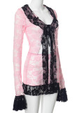 Pink Black Sexy Lace Hollow Out Strap Design Patchwork Cardigan Collar Long Sleeve Two Pieces
