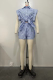 Blue Casual Striped Print Patchwork Turndown Collar Sleeveless Two Pieces