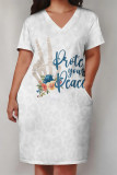 White Casual Street Skull Letter Print Pocket V Neck Printed Plus Size Dresses