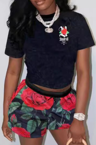 Black Casual Print Patchwork O Neck Short Sleeve Two Pieces