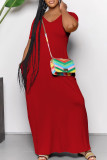 Blue Casual Solid Color Pocket Patchwork V Neck Long Dresses