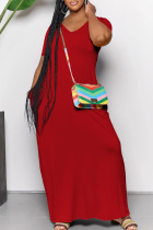 Red Casual Solid Color Pocket Patchwork V Neck Long Dresses