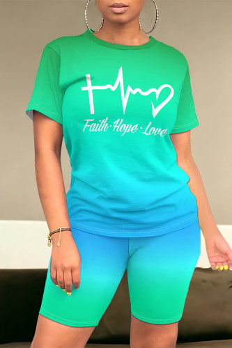 Green Blue Casual Daily Gradient Print Letter Print Contrast O Neck Short Sleeve Two Pieces