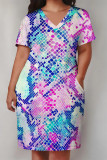 Pink Casual Animal Print Snakeskin Print Pocket V Neck Printed Plus Size Dresses