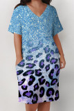 Red Blue Casual Daily Gradient Print Pocket Sequined V Neck Printed Plus Size Dresses