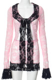 Pink Black Sexy Lace Hollow Out Strap Design Patchwork Cardigan Collar Long Sleeve Two Pieces