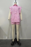 Blue Casual Striped Print Patchwork Turndown Collar Sleeveless Two Pieces