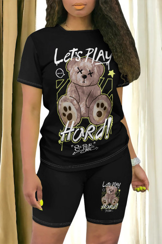 Black Casual Cartoon Print O Neck Short Sleeve Two Pieces