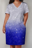 Red Blue Casual Daily Gradient Print Pocket Sequined V Neck Printed Plus Size Dresses