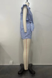 Blue Casual Striped Print Patchwork Turndown Collar Sleeveless Two Pieces